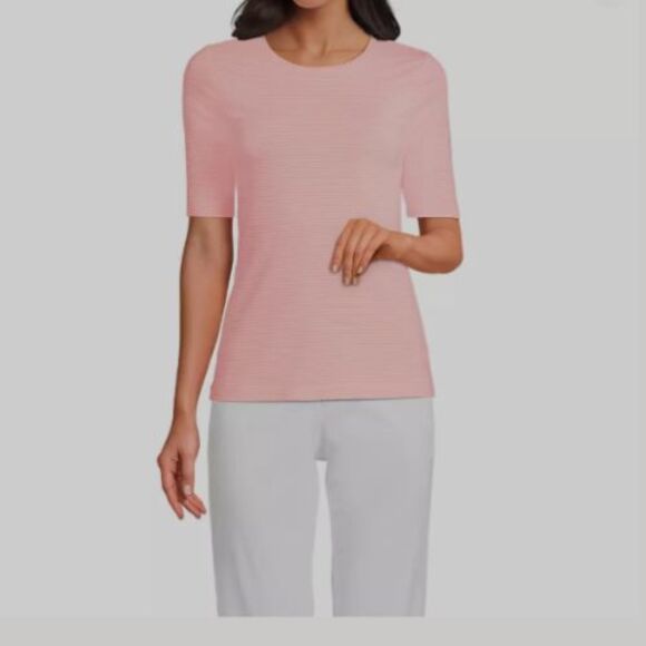 lands end top sunset coral pink short sleeve mini striped shirt pl p large - Picture 2 of 4